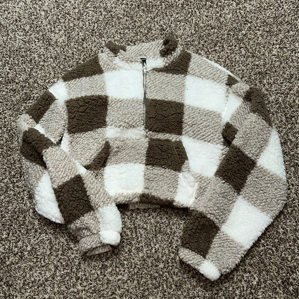 Cropped fuzzy sweater and cropped pink sweater from SHEIN